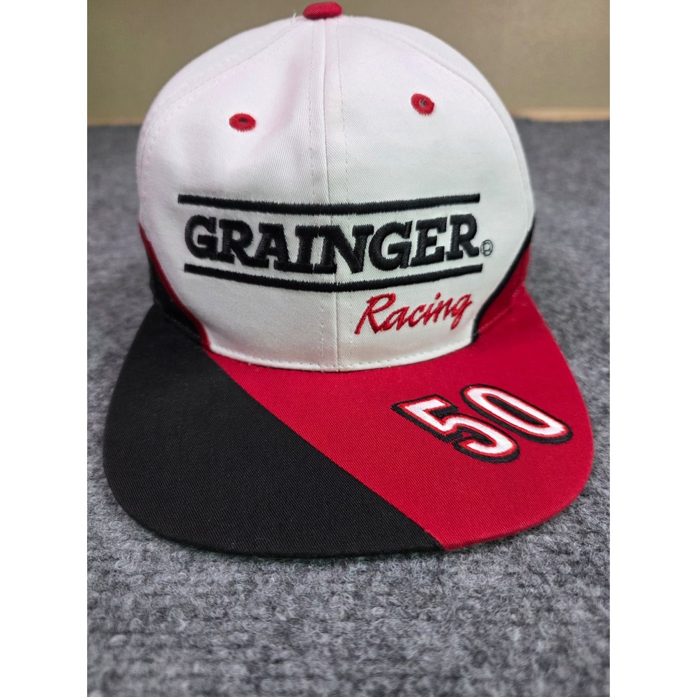 Grainger Racing Hat Mens OSFA Checkered Flag Sports White Red Greg Biffle 50 Cap
